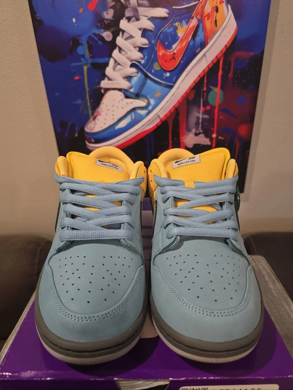 Nike SB Dunk Low Yellow and Light Blue with Holographic Swoosh